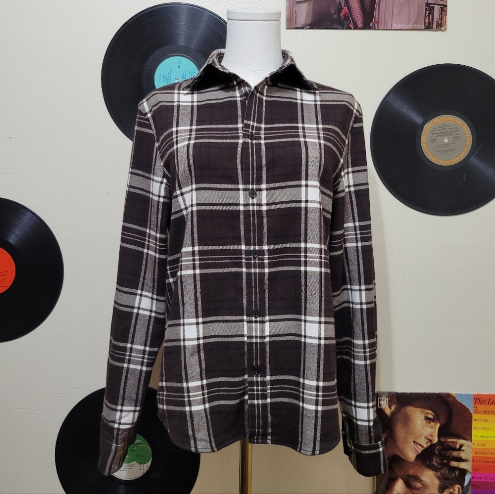 Express | Brown + White Plaid Flannel Button-Up